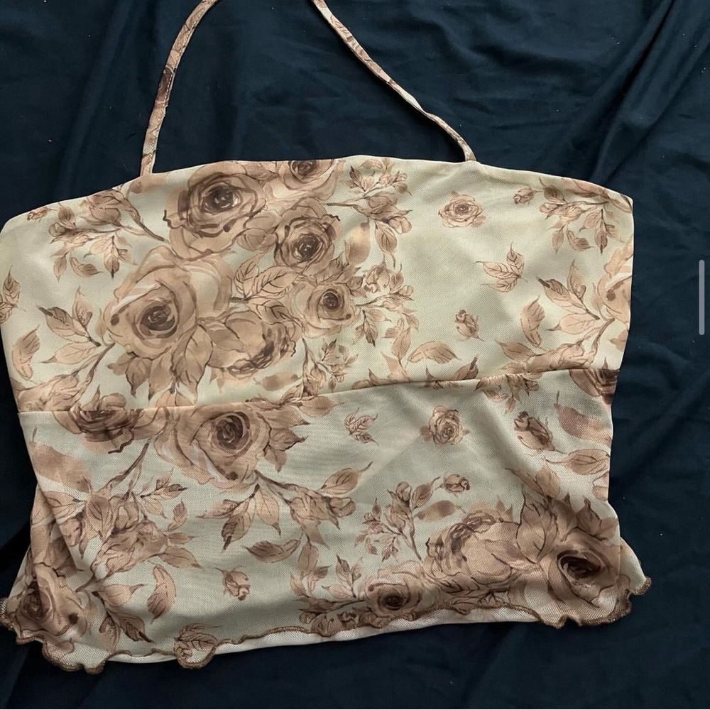 Shein mesh halter top tan and brown rose designs lettuce trim